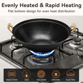 WANGYUANJI Handmade Cast Iron Wok 14.2 inch Large Woks Stir-Fry Pans with Dual Handle,Fry Pan Suitable for Induction, Electric, Gas, Halogen All Stoves-Black,Uncoated Craft Pot Healthy Cooking Wok