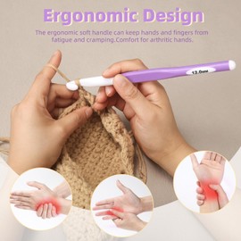 Gancho de ganchillo grande de 12 mm, aguja ergonómica de ganchillo para manos artríticas, ganchos de ganchillo con mango de goma extra largo para tejer suéteres, chales y alfombras