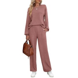 WIHOLL Sweatsuit for Women Long Breathable Loose Fit Round Neck Lounge Set Chic Red M