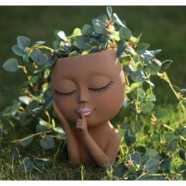 Face Planter Pots Succulent Planters, Face Flower Pot Head Planter for Indoor Outdoor Plants with Drainage Hole Cute Lady Face Plant Pots(Brown)