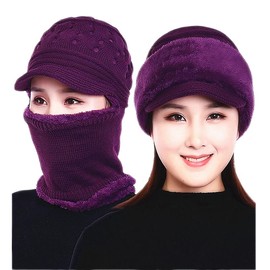 Womens Winter Warm Elastic Soft Ear Protection Knitted Scarf Mask hat Fleece Lined Beanie Hat one-Piece hat, Hat1-purple, One Size-Medium