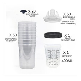 Disposable Paint Spray Gun Cups (190 Micron) 50 Lids 50 Liners 1 Hard Cup 1 Collar - Size 100ML-3OZ / 200ML-6OZ / 400ML-13.5OZ / 600ML-22OZ / 800ML-28OZ / Paint Supplies - Graduated Measurements