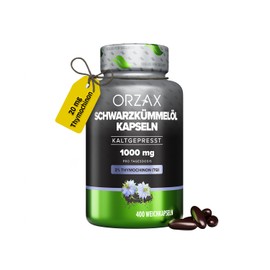Orzax Black cumin oil capsules (unfiltered) - 1000 mg with 20 mg thymoquinone per daily dose (original Nigella sativa) - Turkish - 400 capsules - natural, cold pressed and laboratory tested