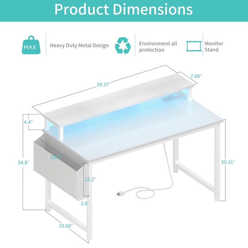 Lufeiya White Computer Desk with LED Lights and Power Outlets,