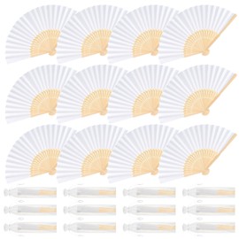 BOUBONI 12 Pieces White Hand Held Bamboo Folding Fans Paper Fans Handheld for Women Foldable Girls Wedding Decoration Church Home Party Favors Summer