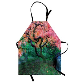 ABAKUHAUS Japanese Cooking Apron, Aged Red Leaf Maple with Moss Asian Garden Landscape in Autumn Grass Relaxation in Nature, Machine Washable, No Fading, Green