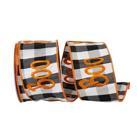 Reliant Ribbon Boo Embroidery Dupioni Buffalo Check Wired Edge Ribbon, Orange/Black