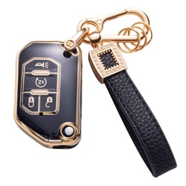CACARLIKE Jeep Key Fob Cover with Leather Lanyard, Compatible with Jeep Wrangler, Gladiator Smart Key Protector Holder