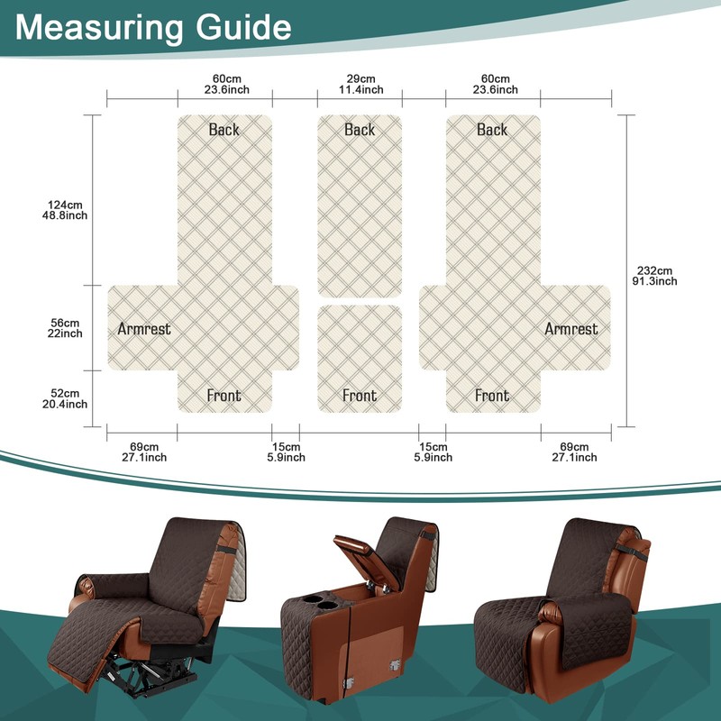 Ruaozz Waterproof Recliner Loveseat Cover with Console Non-Slip Couch Covers