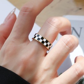 HUASAI Checkered Ring for Women Black and White Checkered Ring Checkered Band Ring Chunky Gold Ring Statement Finger Thumb Ring Gifts Trendy Stuff Christmas Stocking Stuffers(Size 10)