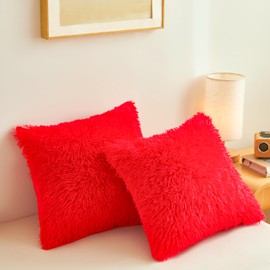 ERLOXO Faux Fur Red Throw Pillow Cases Ultra Soft Fuzzy Fluffy Throw Pillow Covers with Plush Texture and Furry Touch, Faux Fur Cushion Shams for Sofa or Bed, Set of 2 with Zipper 18"x18"