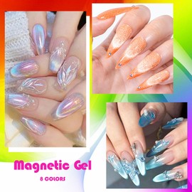 MEET ACROSS Neon Cat Eye Gel Nail Polish Aurora Mermaid Magnetic Nail Polish Kit 8 Colors Glitter Nail Polish with Magnet, Bright Gel Polish Pink Blue Purple Nail Art Manicure Gift