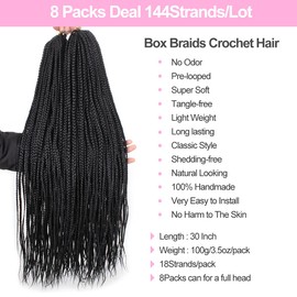 Unionbeauty 30 Inch 8 Packs Crochet Box Braids Hair Pre-looped Synthetic Braiding Hair Extension Individual Crochet Hair Soft Braids Knotless Box Braids Medium Hair For Black Woman 18Strands/Pack 1B#
