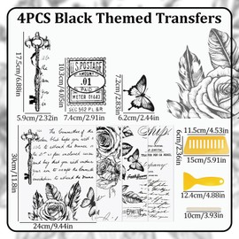 WANDIC 4 Sheets Black Letter Theme Rub On Transfer Stickers Sketching Style Flower Decals for DIY Scrapbooking Photo Albums Furniture,11.8 * 9.45in