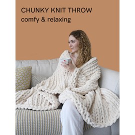 YnM Chunky Throw Blanket, Hand Knitted with Chenille Yarn, Skin Friendly, Ventilated and Breathable, Machine Washable, Home Décor Piece for Couch, Sofa and Bed (Butter Cream, 40x50 Inch)