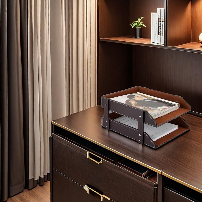Leather Desk Organizer, Letter Tray Holder with Accessories, 2-Tier Stackable