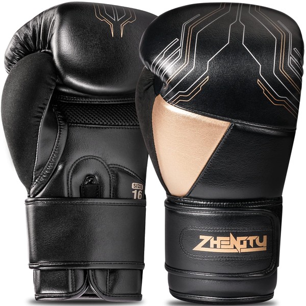 ZHENTU Boxing Gloves, PU Punching Gloves, Breathable, Kickboxing, Training Gloves, Punching Gloves, Comprehensive Unisex (12oz, BLACK&GOLD)
