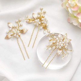 Ushiny Pearl Bride Wedding Hair Pins Hair Clips Leaf Headpiece Bridal Hair Accessories for Women and Girls (Gold)