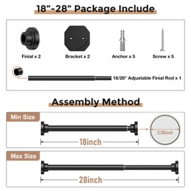 QINGYUN Closet Rods for Hanging Clothes 18 to 28 Inches, 1 Inch Adjustable Short Closet Tension Rod Heavy Duty Clothes Hanging Tension Rod for Closet Laundry RV, Black