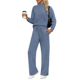 WIHOLL Travel Airport Outfits for Women Fall Two Piece Sets Mock Neck Tracksuit Winter Loungewear Womens Lounge Set Vacation Outfits High Waist Wide Leg Pants Clothes Pullover Sweatsuits Blue XL