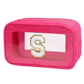 Gloppie Initial Letter Clear Makeup Bag Preppy Cosmetic Bags Travel Toiletry Bag Chenille Letter Bag Gift for Women Letter S