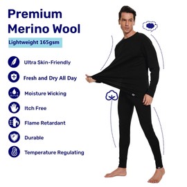 MERINNOVATION Merino Wool Base Layer Set for Men 100% Merino Wool Thermal Underwear Long Sleeve and Bottom Black 165