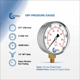 CARBO Instruments 1000 PSI Dry Pressure Gauge, 4" Dial, 1/4 NPT Lower Mount, Chrome Plated Steel Case, Brass Wetted Parts, Dual Scale PSI/Bar - ASME B40.1 Grade A