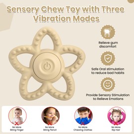 Vibrating Sensory Chew Toy for Autism & Teething Babies - USB Rechargeable with 3 Vibration Modes, Baby Teething Toys for Toddlers 6-18 Months, Calming Baby Sensory Toys(Beige)
