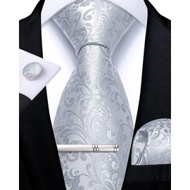 DiBanGu Mens Paisley Tie Formal Silk Tie & Pocket Square Cufflinks Tie Clip for Wedding Party Prom, Silver Paisley