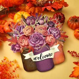 Geetery Fall Front Door Decoration Welcome Mason Jar Door Signs Vintage Wooden Fall Wall Decor Fall Hanging Wreath Signs for Autumn Home Door Wall Decor