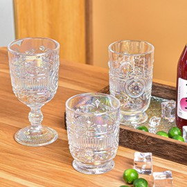 Sungmor Vintage Pressed Glass Goblet Glassware Set of 6, Classic Wine Goblets Beverage Stemmed Glass Cups, 10 oz Drinking Glasses with Embossed Design, Clear Water Goblet for Party, Wedding, Daily Use