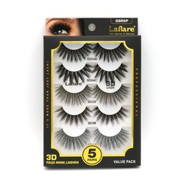 Laflare 5 Styles Premium Silk Lashes 3D Faux Mink Eyelashes Multipack, Light, Natural Looking, Professional Easy to Apply Eyelashes in a Knitted Style 5 Pairs Mixed Value Pack (GSR5P)
