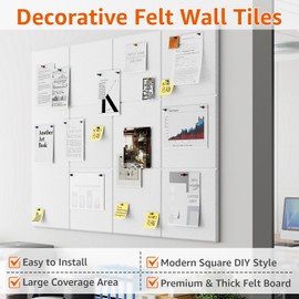 Felt Cork Board for Wall: Extra Large Bulletin Board for Office - 0.35 Inch Thick Corkboard Tiles 12PCS White Pin Board Squares Adhesive