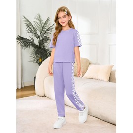 Haloumoning Kids 2 Piece Outfits Girls Summer Plaid Short Sleeve T-Shirts and Pants Set Fashion Clothing Sets