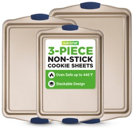 NutriChef 3‑Piece Non‑Toxic Cookie Sheets for Baking – Premium Carbon Steel Oven Tray Set with Blue Silicone Handles – Nonstick Baking Sheet Set for Cookies, Pastries & Oven‑Safe Cooking