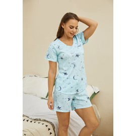 PNAEONG Women's Pajamas Set, Cotton Short Sleeve Sleepwear Top Capri Pjs Sets Soft Loungewear Blue Star-M