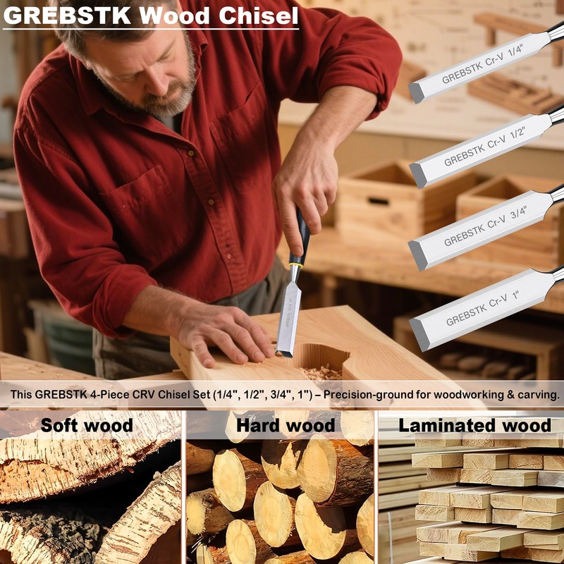 GREBSTK 4PCS Wood Chisel Set, Chrome Vanadium Steel Beveled Blades,