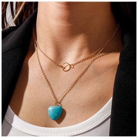 Cimenexe Bohemian Heart Turquoise Pendant Necklace Gold Layered Circle Choker Necklace Love Heart Turquoise Necklace Hollow Geometric Chain Necklace Jewelry for Women and Girls Gifts