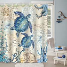 Aipon Nautical Sea Turtle Shower Curtain Octopus Ocean Blue Fish Animal Seashell Jellyfish Theme Extra Long Fabric Waterproof Shower Curtains for Bathroom Bath Curtain Decor (Green6, 72'' × 72'')