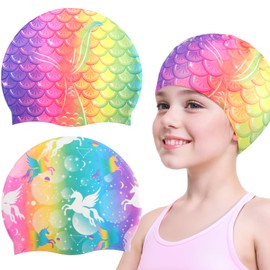 Dyrfolm 2 Pack Kids Swim Caps,Silicone Swim Caps for Kids Girls,Waterproof Swimming Caps,Mermaid Unicorn Swimming Hats,Non Slip Bathing Cap for Long and Short Hair,Keep Hair Dry