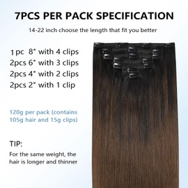 COOKAYU Clip in Hair Extensions Real Human Hair, 1BT4 Natural Black to Medium Brown Hair Extensions Clip in Human Hair Double Weft 16inch 120g 7Pcs Thick Silky Straight Extensions