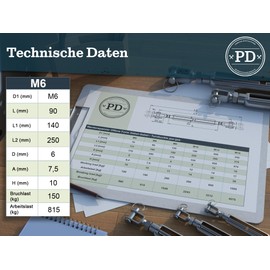 PD® Turnbuckle M6 Stainless Steel A4 (Fork Fork) | Turnbuckle Rustproof | Tensioner Hook with Tension Screw | Rope Tensioner for Awning Attachment, Washing Line & More | Wire Rope Tensioner | Pack of