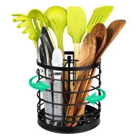 KOLUTI 360° Rotating Kitchen Utensil Holder Organizer, 7.2" x 7" Extra Large Cooking Tool Storage Round Caddy, Weighted Base with Drain Hole, Wire Metal Flatware Crock for Countertop, Paint Black