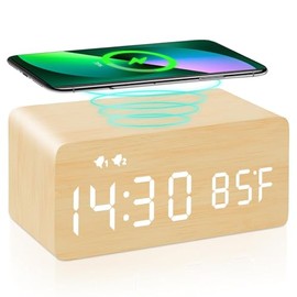 Tokodos Wooden Digital Alarm Clock for Bedroom, Bedside, Desk, Table, Phone Charger Clock with Wireless Charging, Dimmable, LED Temperature Display