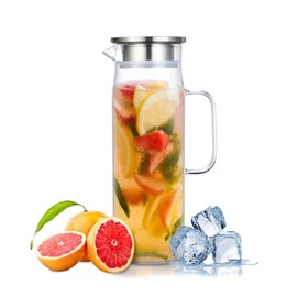 Glass Pitcher With Lid,41 Ounces/1.2 L Water Pitcher Heat Resistant Glass Pitchers With Stainless Steel Lid,Easy Clean Pitchers Beverage For Milk,Juice,Cold or Hot Beverages