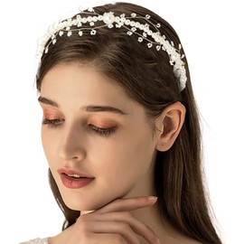 Campsis Bride Pearl Headpiece Gold Flower Headband Bride Floral Hair Accessories Bridesmaid Bridal Wedding Prom First Communion Birthday Photography for Girls and Women