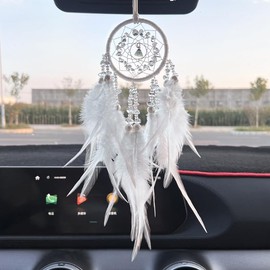 Dream Catcher for car,car Decorations for Women,Feather Dream Catcher Crystal Charm Bling Deco Accessories Hanging Ornaments Gift for Girl (White)