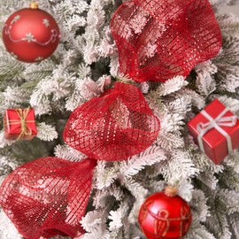 PAPER FAIR Metalic Red Poly Burlap Deco Mesh Ribbon, 10" x10yd (30 Feet) Fabric Wrapping Ribbon Craft Mesh Roll for Christmas Tree Decoration, Swags, Christmas Decorative Metallic Wreath Mesh Ribbon