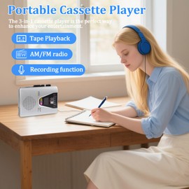 PopuLike Portable Cassette Player, AM/FM Cassette Player with Auto-Reverse Function, Cassette Recording, Built-In Mic and Speaker, 3.5mm Earphone Jack, Silver