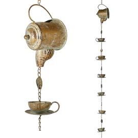 Jemeni Teapot w/Teacups Rain Chains, 8.5Ft Length Replacement Downspout for Gutters, Copper Patina Finish………